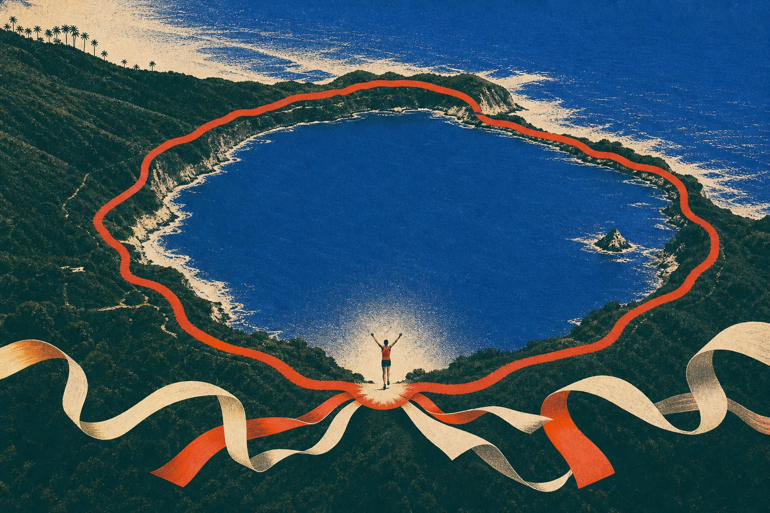 A completed lagoon route opening into an earned finish celebration